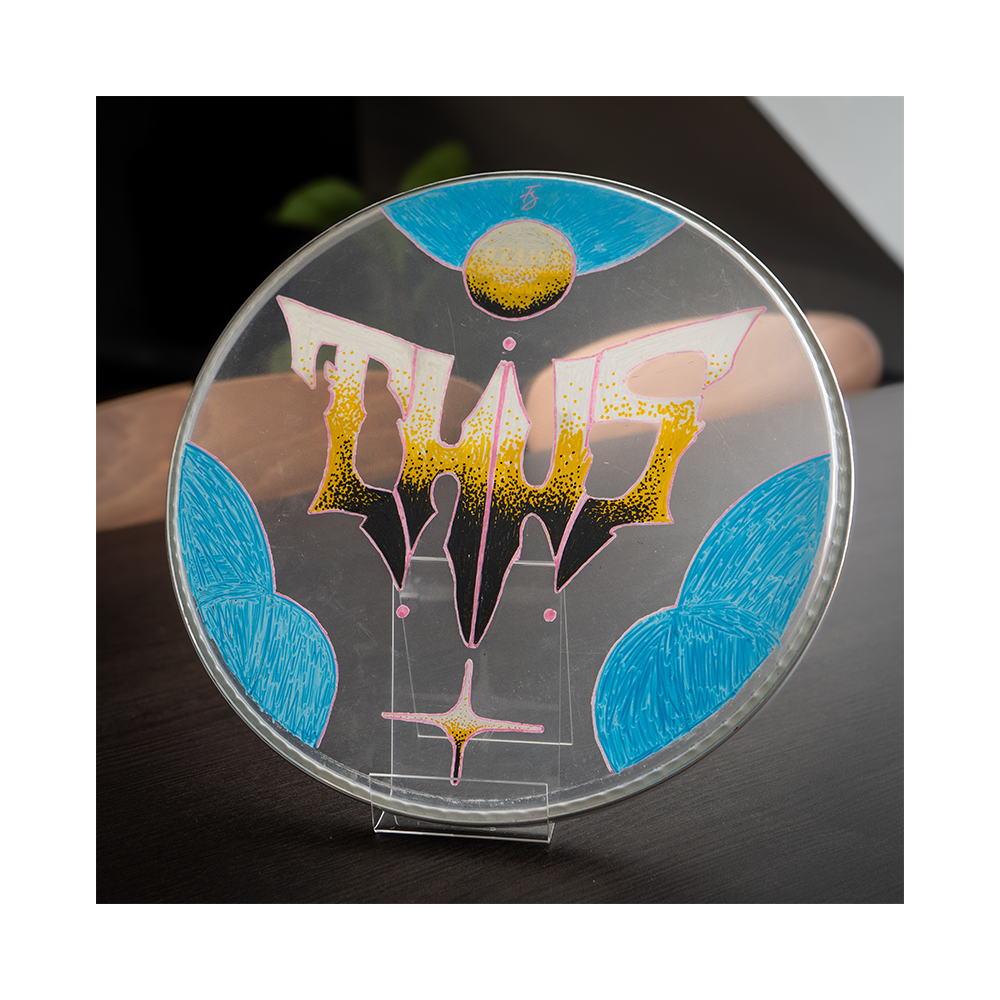 Hand painted drumhead - Blue & yellow Thus logo