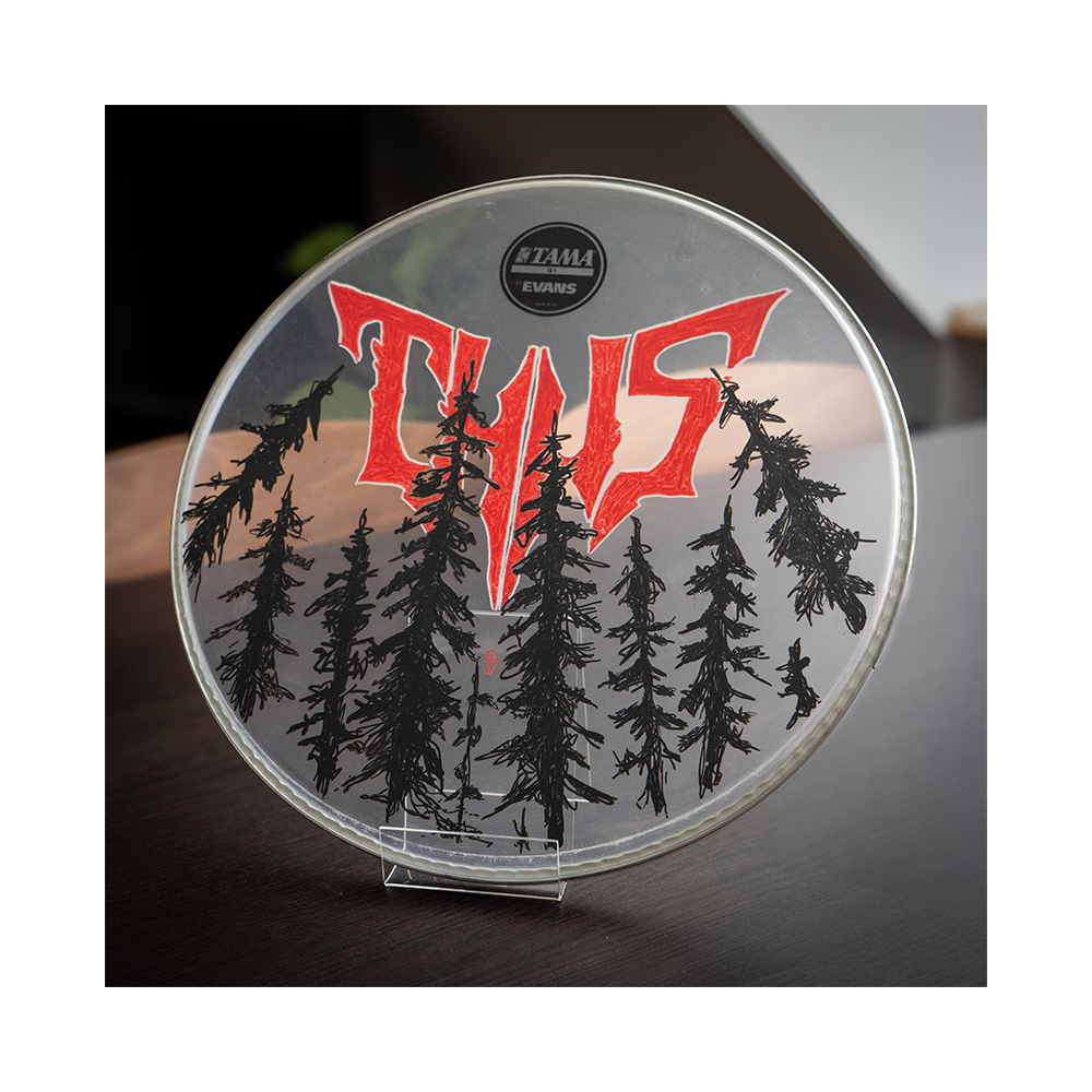 Hand painted drumhead - Trees & red Thus logo