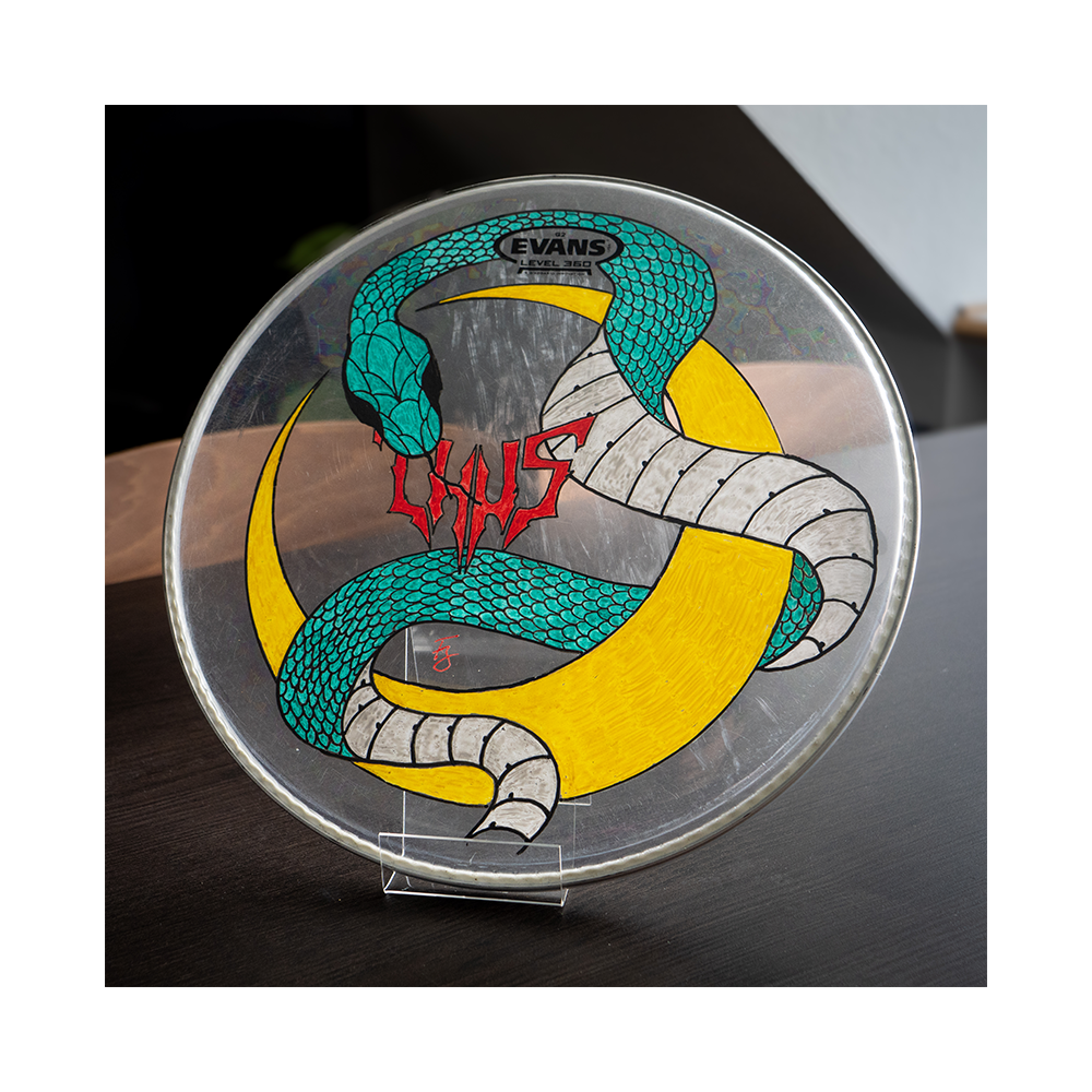 Hand painted drumhead - Snake & red Thus logo