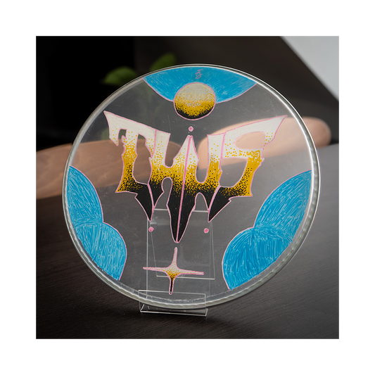 Hand painted drumhead - Blue & yellow Thus logo