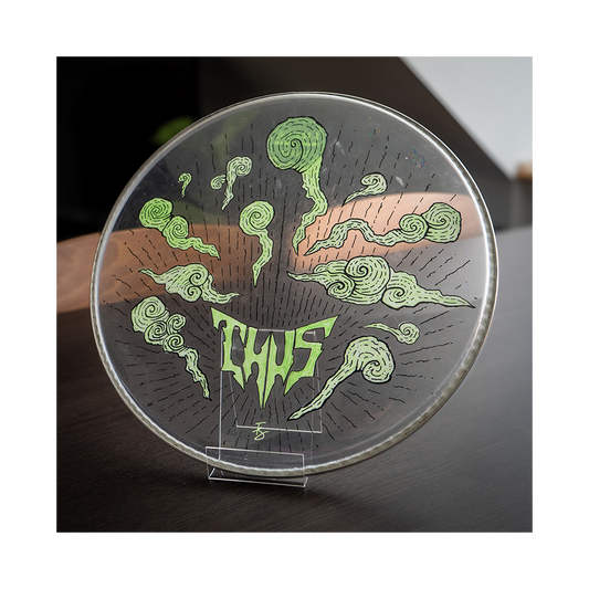 Hand painted drumhead - Cloud & green Thus logo