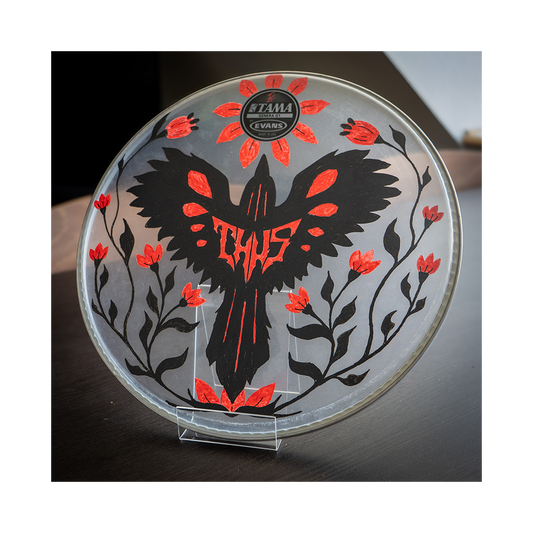Hand painted drumhead - Bird & flowers, red Thus logo