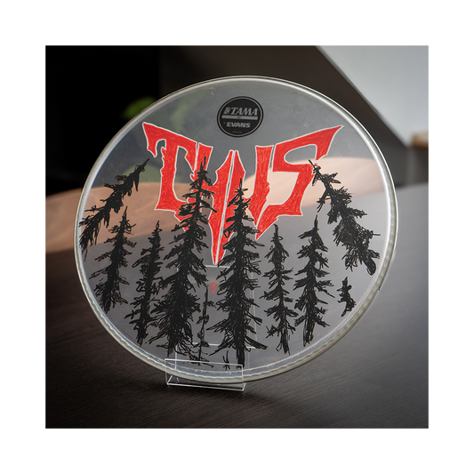 Hand painted drumhead - Trees & red Thus logo