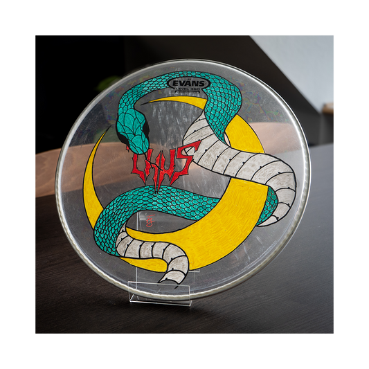 Hand painted drumhead - Snake & red Thus logo